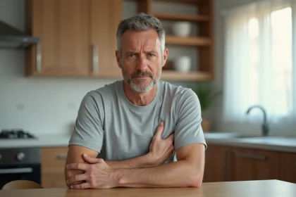 Homme d'âge moyen tenant sa main gauche contre son aisselle et sa poitrine, expression de douleur légère, assis dans une cuisine moderne
