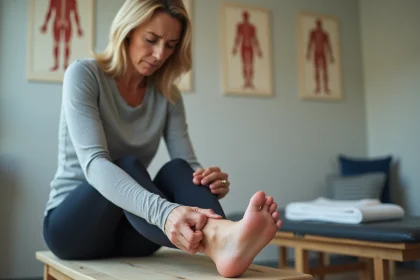 Femme appuyant sur le côté extérieur du pied pour localiser une douleur liée au nerf sural en cabinet de kinésithérapie