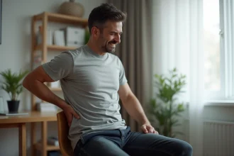 Homme tenant sa main dans le bas du dos côté droit, assis sur une chaise en bois, exprimant une douleur dorsale persistante