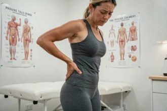 Femme tenant sa main sur le haut des fesses côté droit, exprimant une douleur lombaire basse en cabinet de kinésithérapie