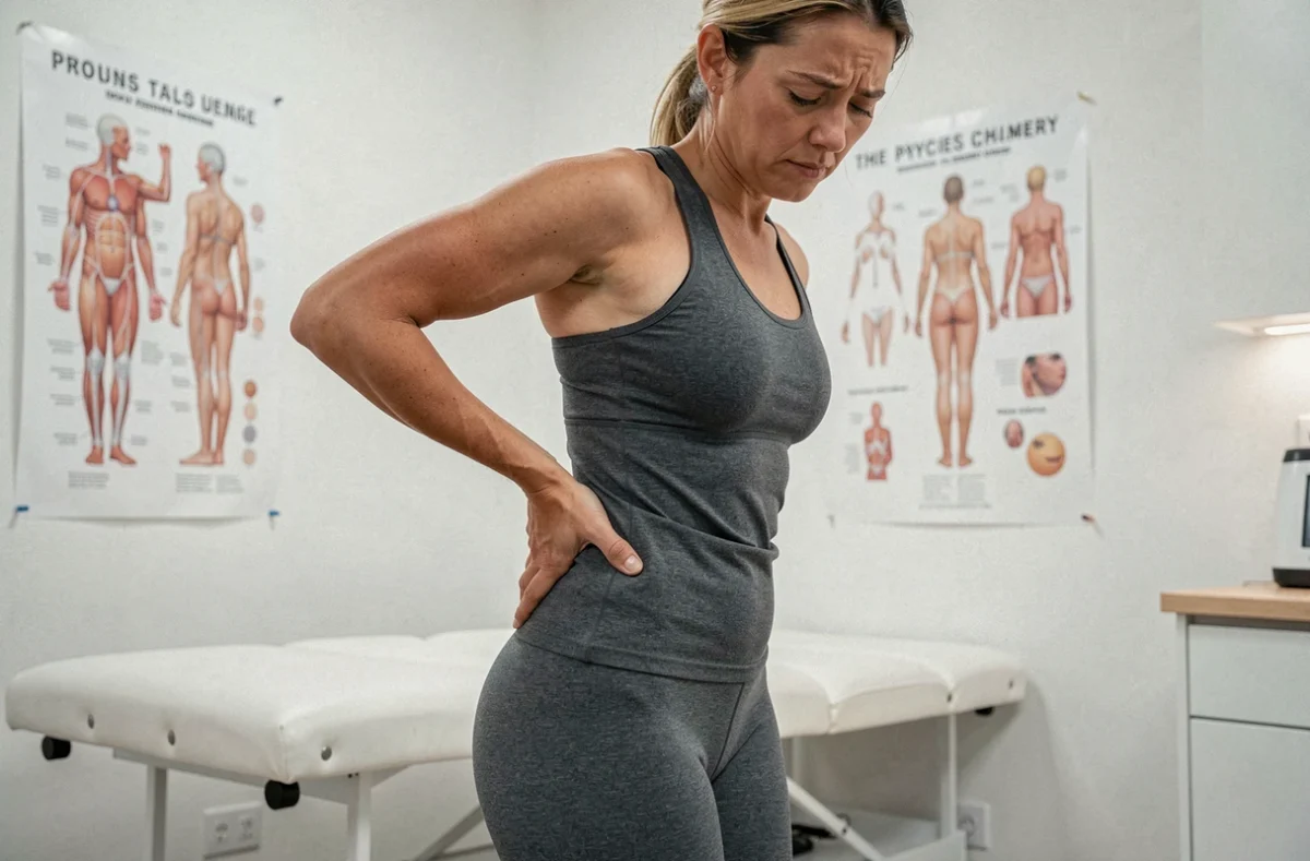 Femme tenant sa main sur le haut des fesses côté droit, exprimant une douleur lombaire basse en cabinet de kinésithérapie