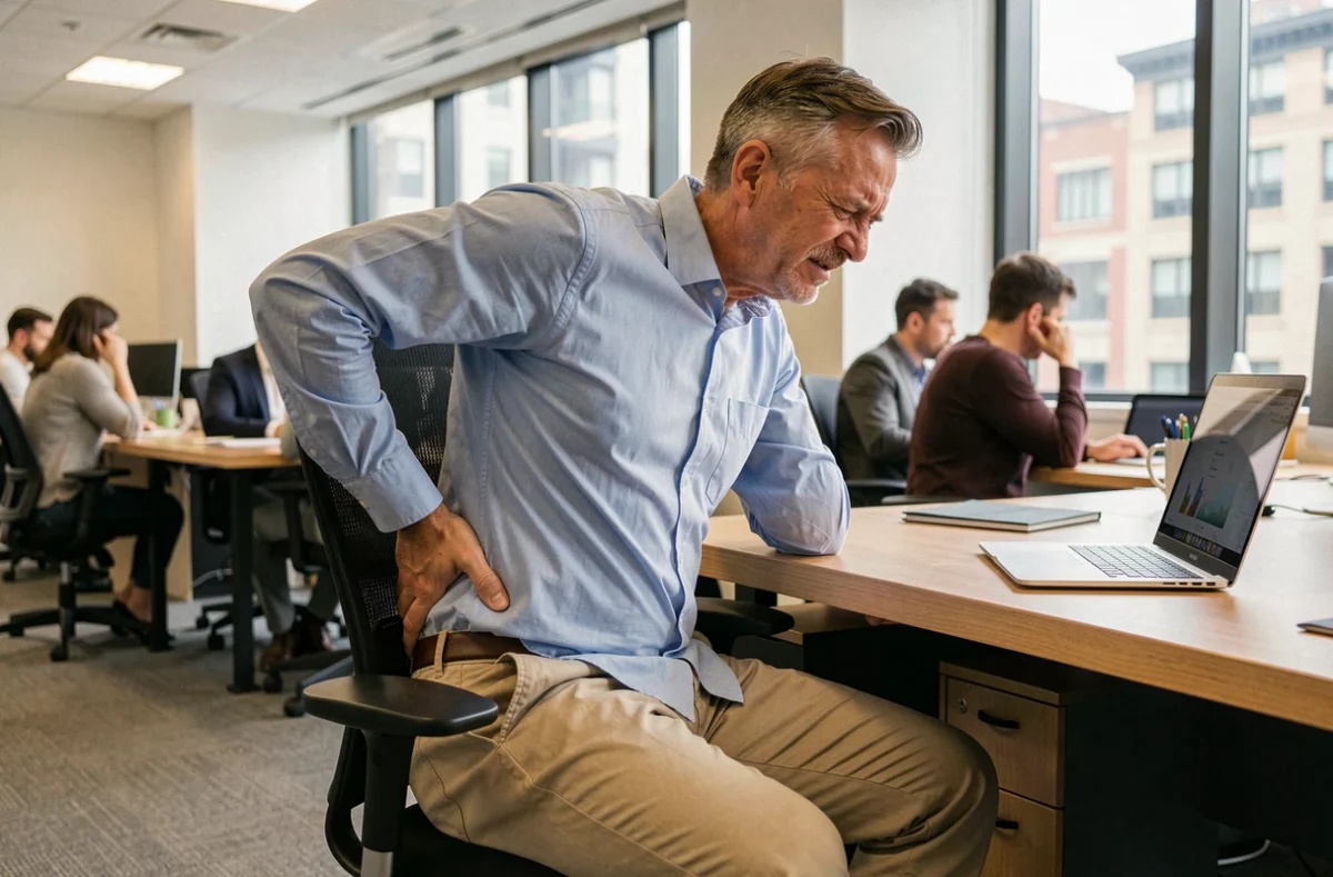 Homme au bureau souffrant d'une douleur au haut des fesses côté gauche en position assise prolongée