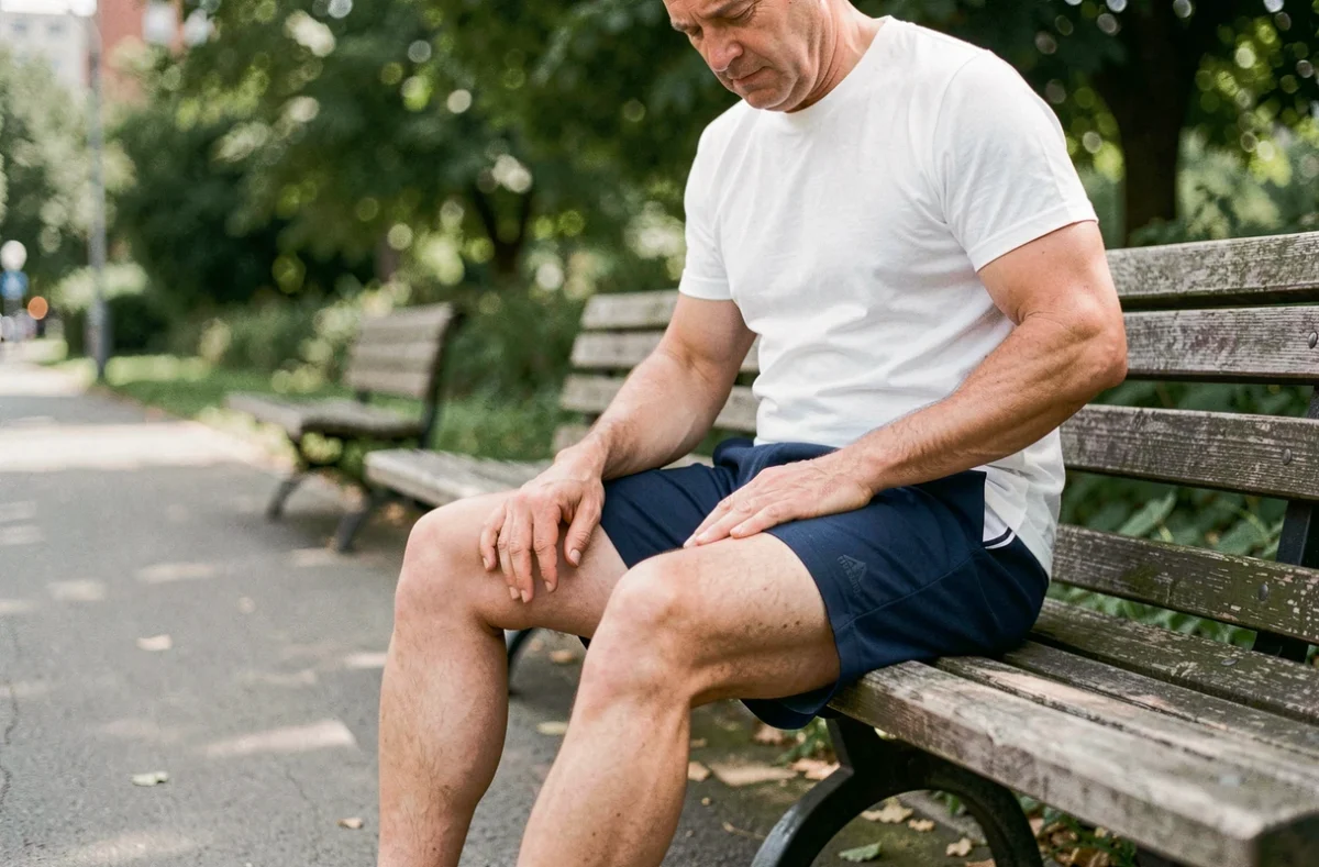 Homme en tenue de sport assis sur un banc tenant sa cuisse près de l'aine, symbolisant la douleur à la jambe liée aux ganglions lymphatiques