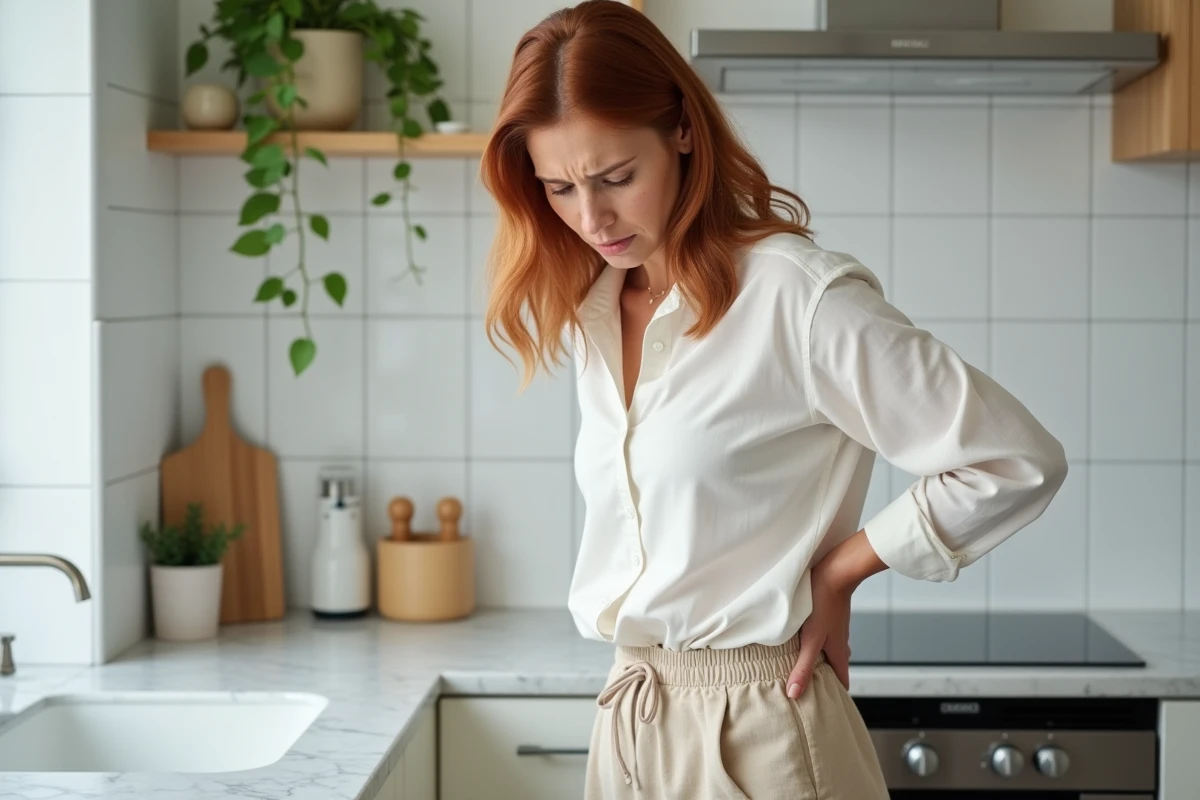 Femme debout dans une cuisine moderne, main sur le bas du dos droit, souffrant d'une douleur lombaire persistante du côté droit
