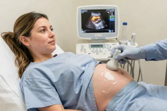 Femme enceinte allongée sur une table d'examen lors d'une échographie de datation dans une clinique obstétricale moderne