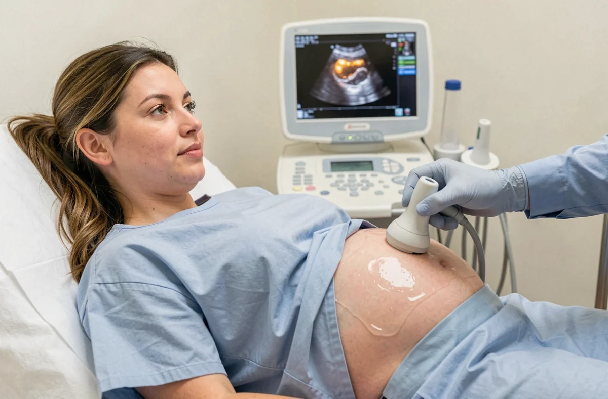 Femme enceinte allongée sur une table d'examen lors d'une échographie de datation dans une clinique obstétricale moderne