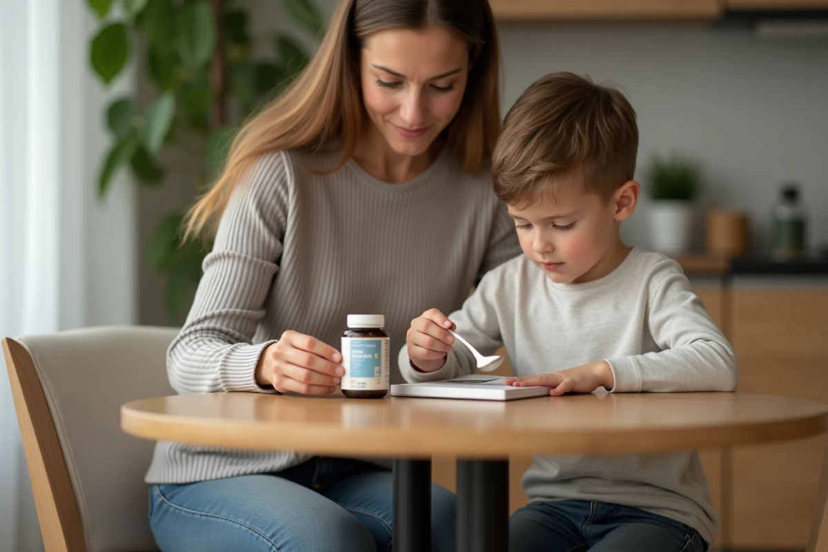 Jeune garçon et sa mère lisant une notice de supplément