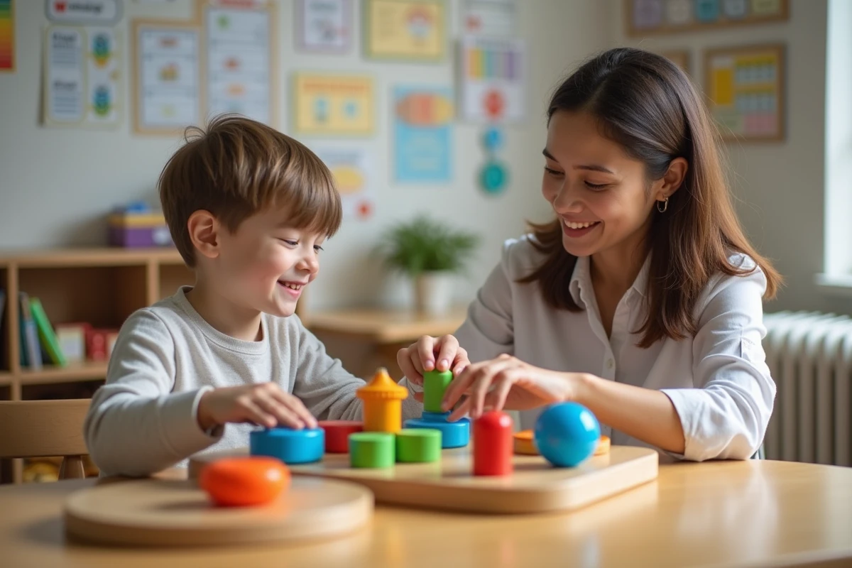 Jeune garçon et thérapeute en séance de thérapie colorée