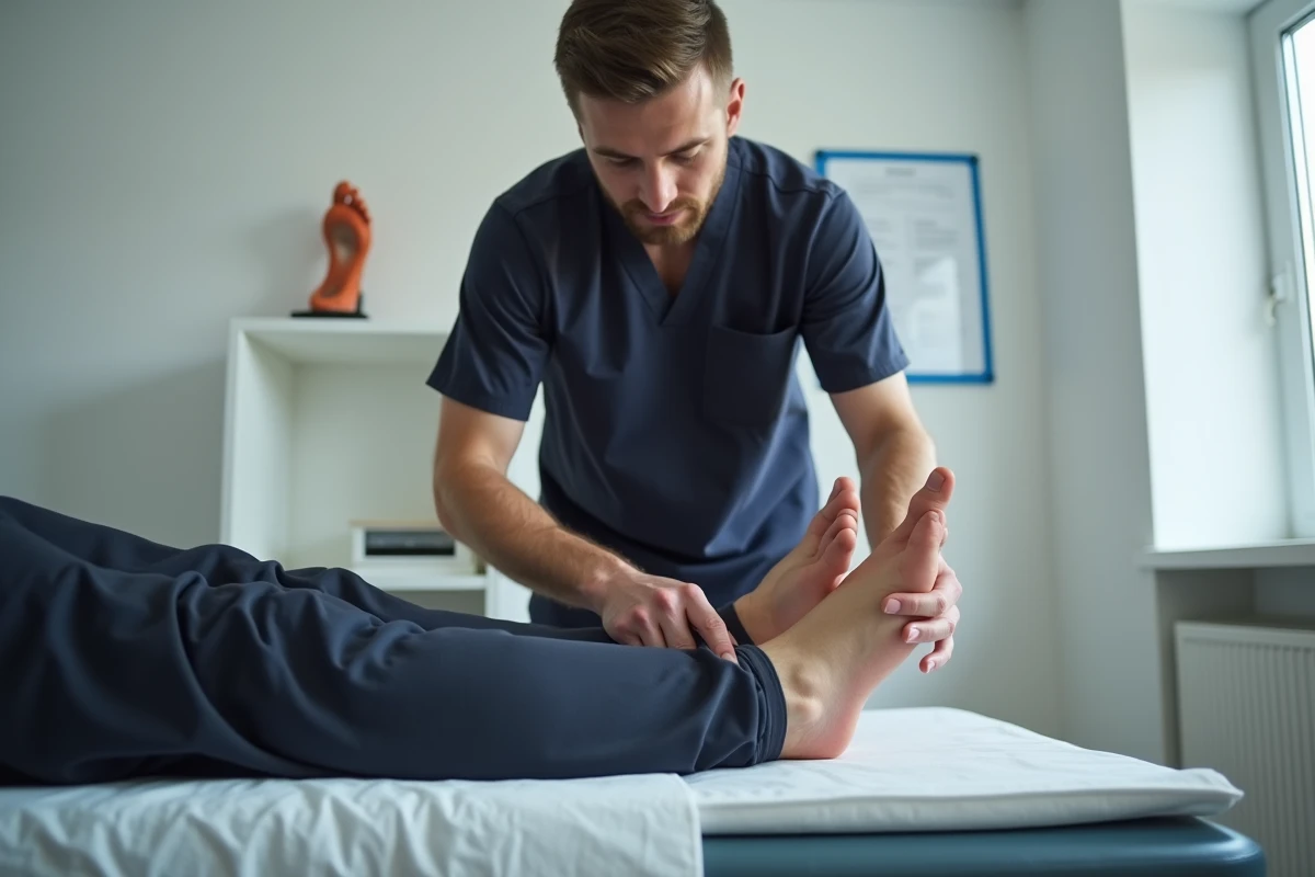 Kinésithérapeute effectuant une évaluation clinique par palpation du nerf sural sur le bord latéral du pied d'un patient