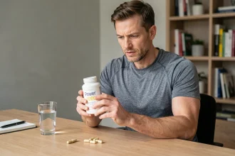 Homme évaluant un complément alimentaire Power 1000 posé sur un bureau avec carnet et capsules