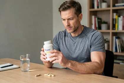 Homme évaluant un complément alimentaire Power 1000 posé sur un bureau avec carnet et capsules