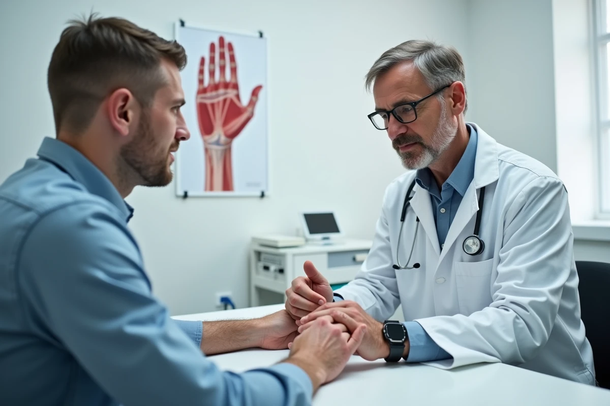 Médecin examinant la main droite d'un patient pour diagnostiquer des fourmillements