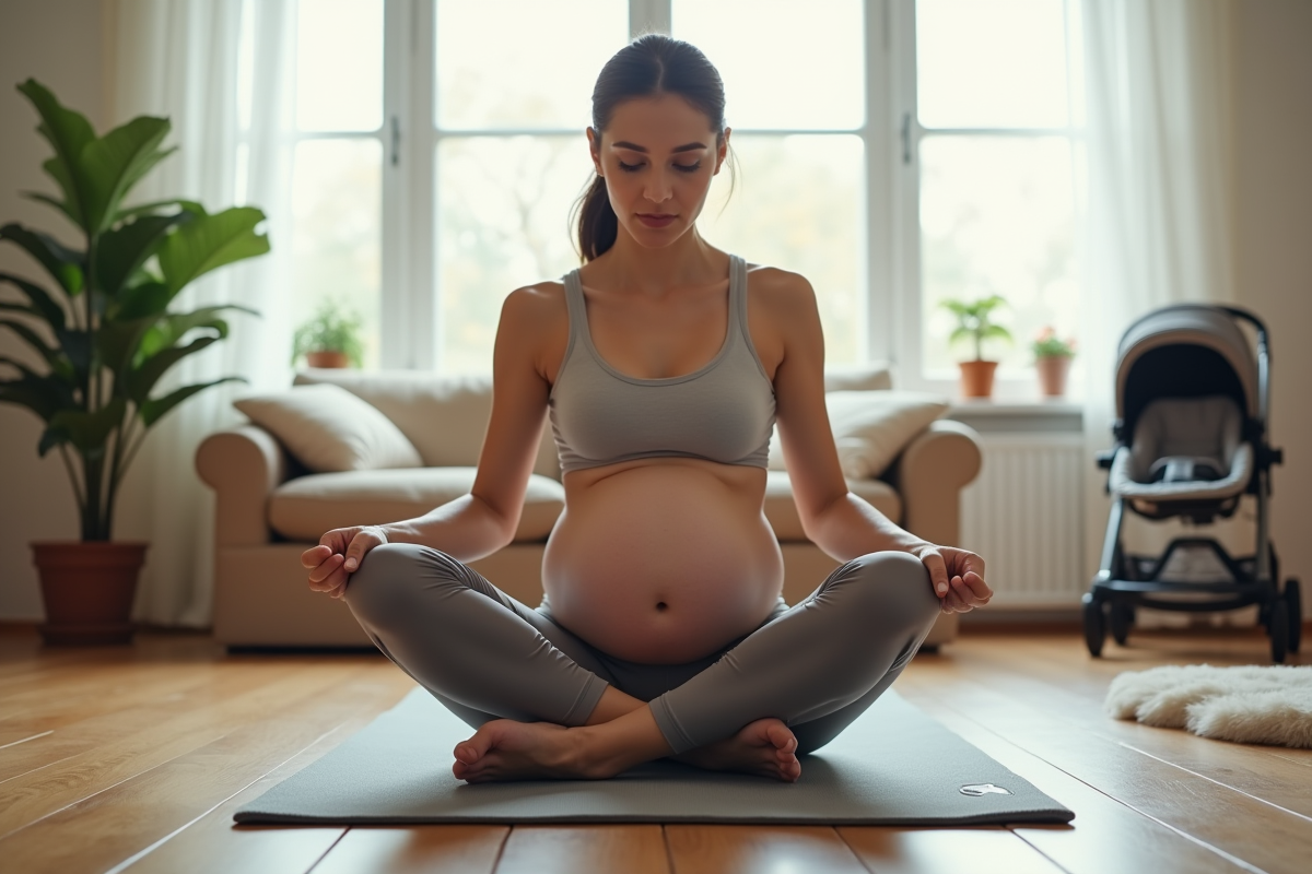 Femme en postnatal faisant des exercices abdominaux à la maison