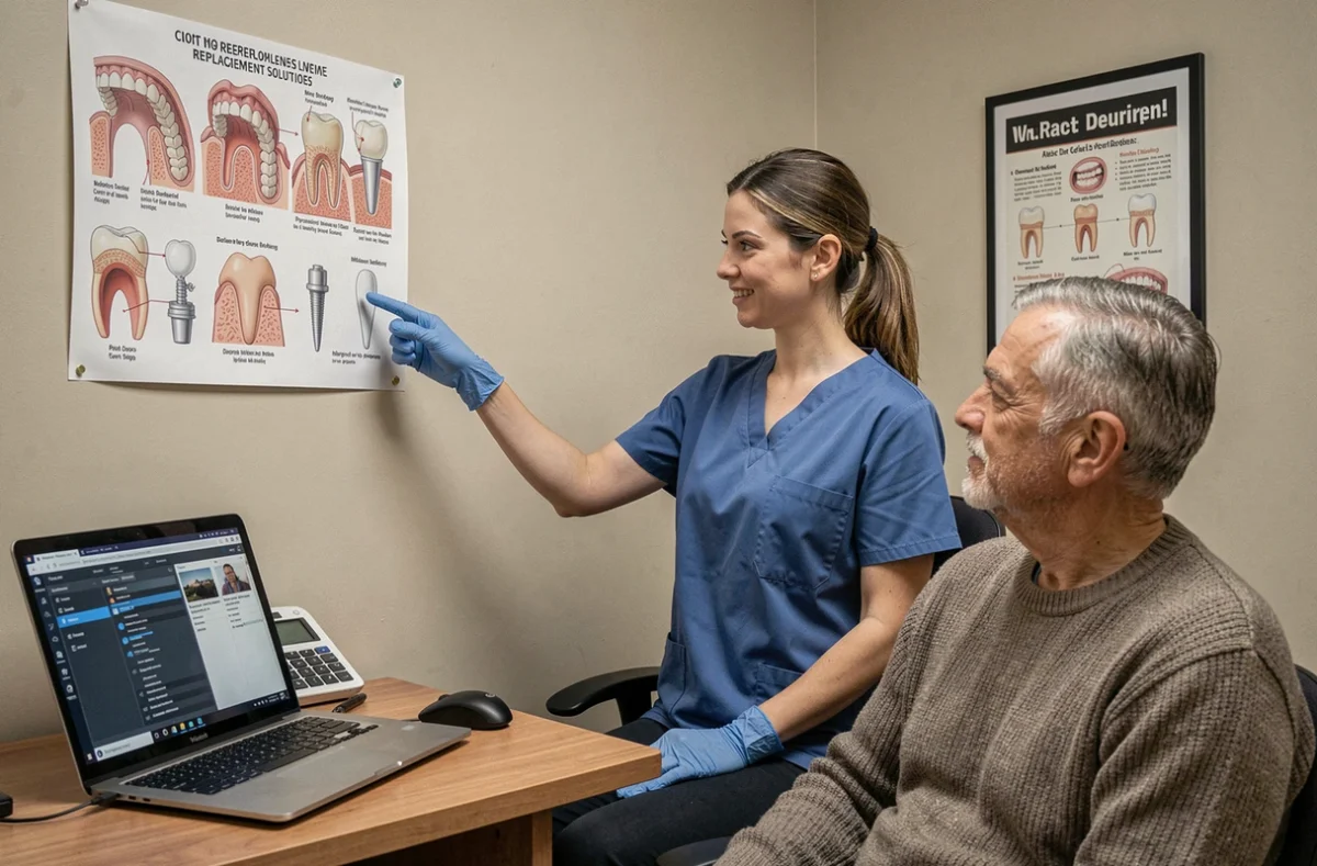 Hygiéniste dentaire expliquant les différentes alternatives à l'implant dentaire à un patient attentif