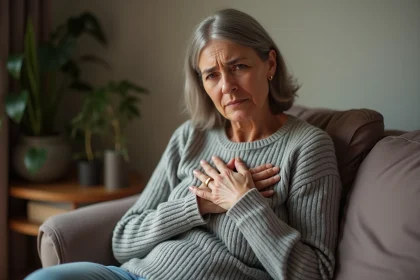 Femme d'âge moyen posant une main sur la poitrine et l'autre sur l'abdomen, illustrant la confusion entre extrasystoles cardiaques et gastriques