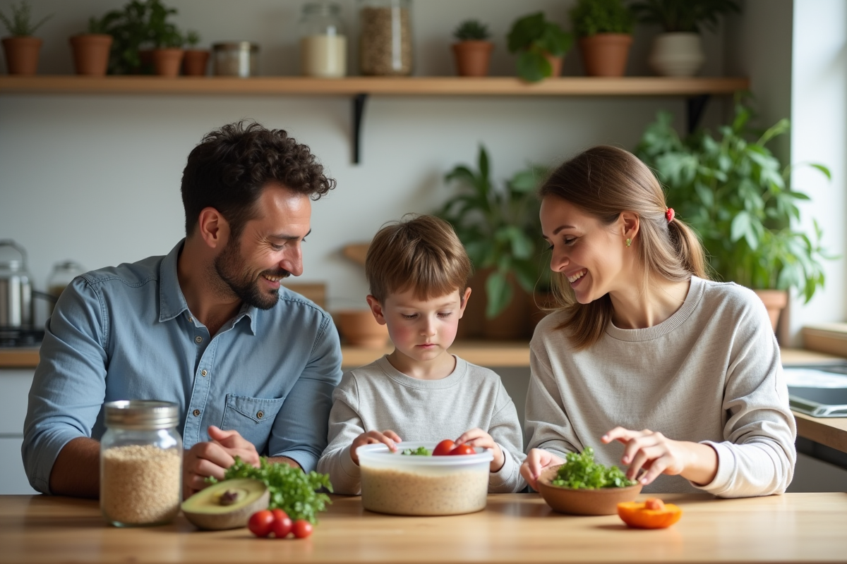 Famille triant des contenants réutilisables dans la cuisine