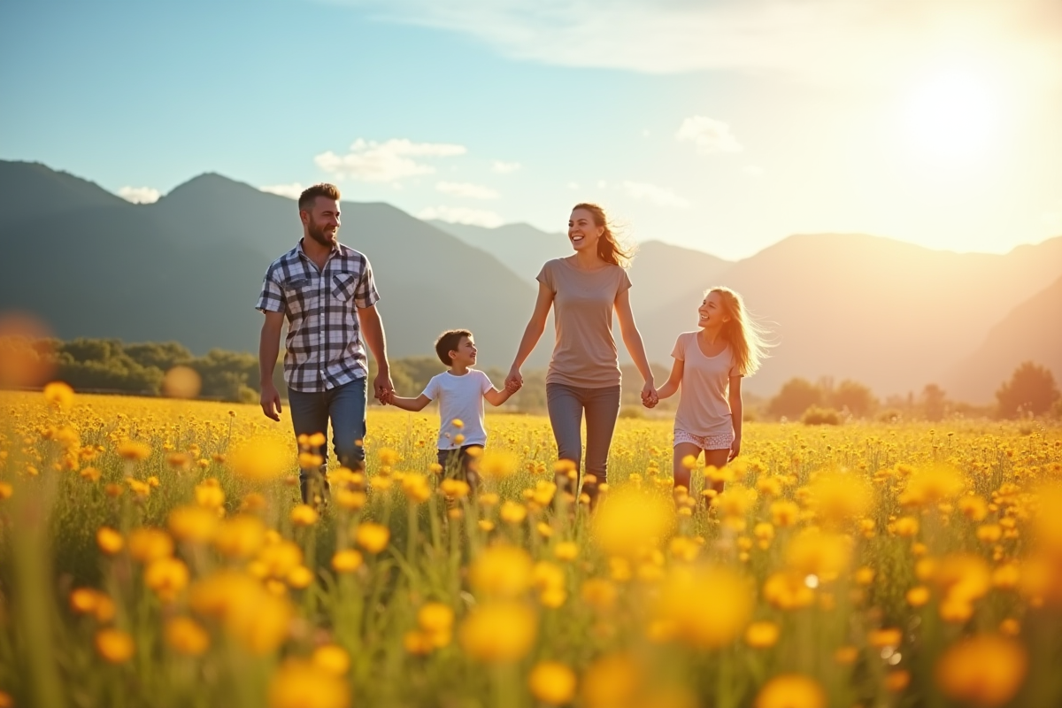 Famille heureuse marchant dans un champ de fleurs ensoleille