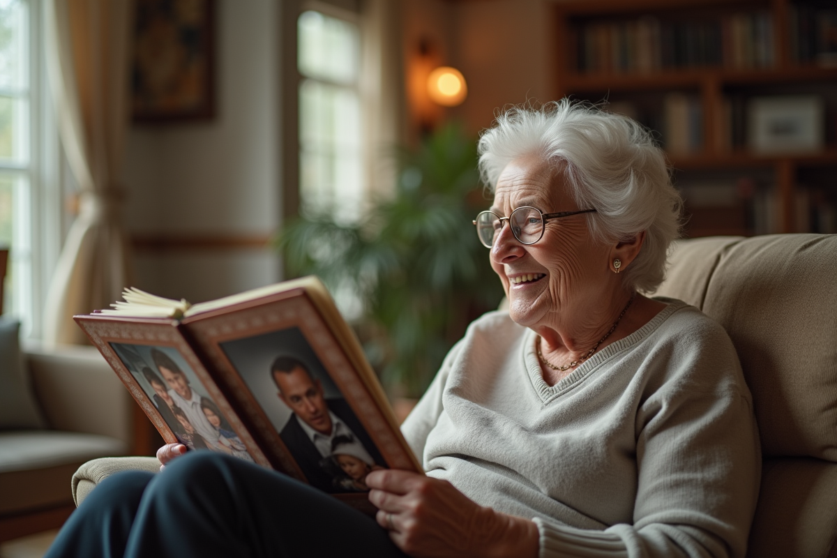 Femme agee souriante regardant un album photo dans un salon