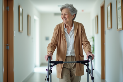 Femme agee souriante utilisant un rollator dans un cabinet medical