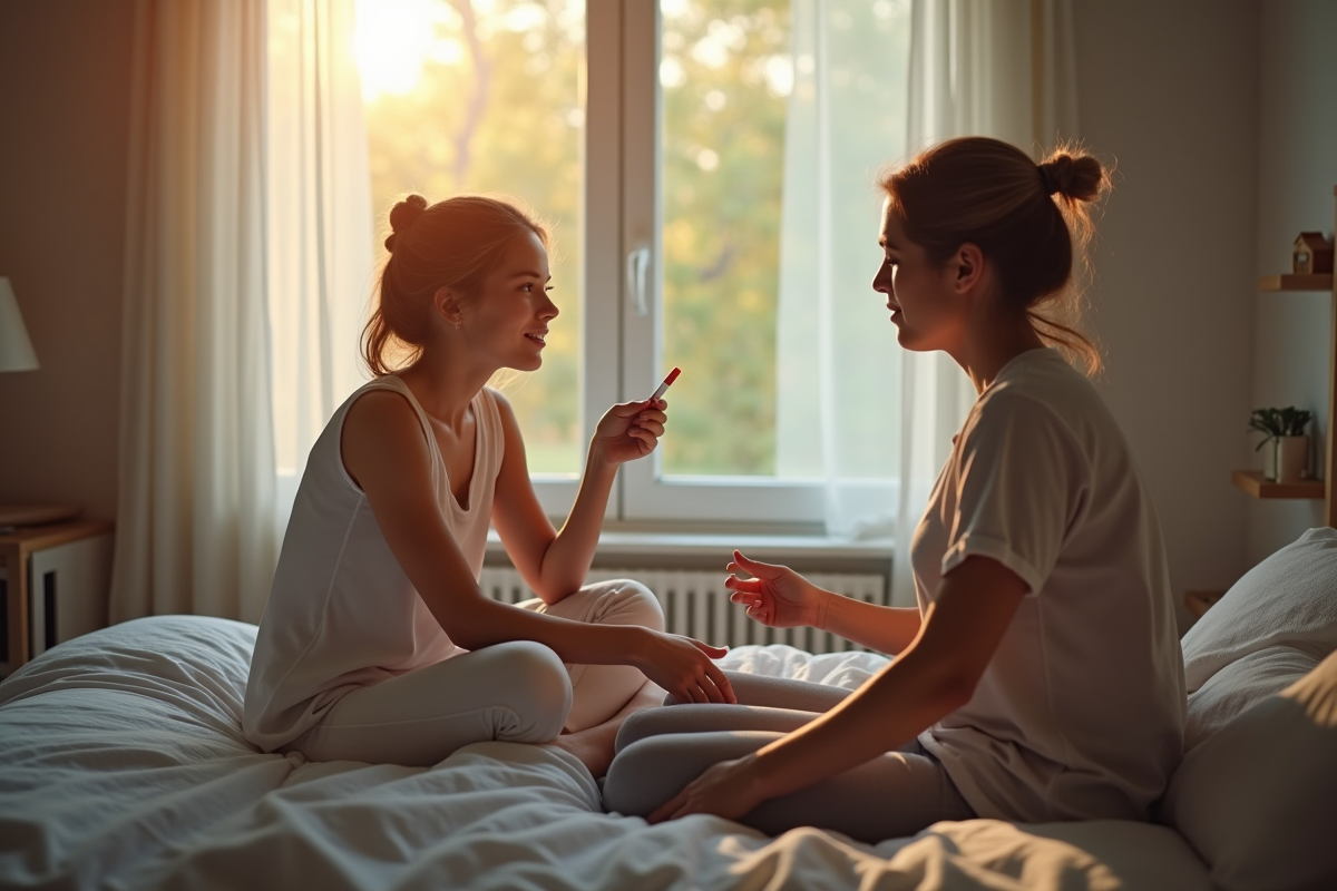 Jeune femme regardant un test de grossesse négatif dans une chambre lumineuse