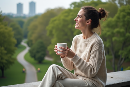 Femme souriante sur balcon avec vue sur parc