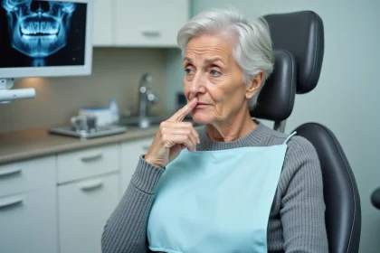 Femme d'âge mûr en cabinet dentaire tenant sa mâchoire avec une expression préoccupée, illustrant les symptômes après extraction dentaire