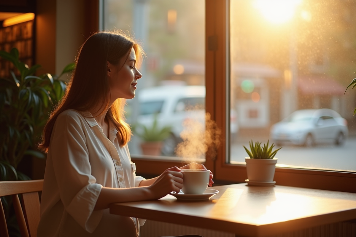 Femme assise au café avec une grossesse douce