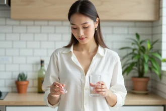 Femme tenant une capsule de complément alimentaire Indiva System avec un verre d'eau dans une cuisine moderne