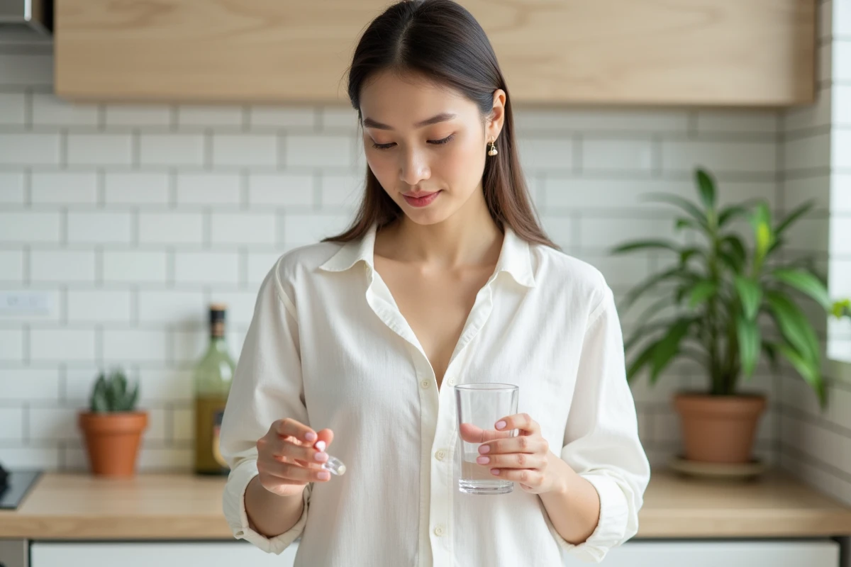 Femme tenant une capsule de complément alimentaire Indiva System avec un verre d'eau dans une cuisine moderne