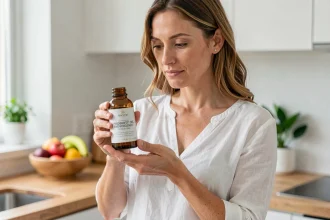 Femme tenant un flacon de complément postbiotique dans une cuisine moderne, illustrant les bienfaits des postbiotiques pour le microbiote intestinal