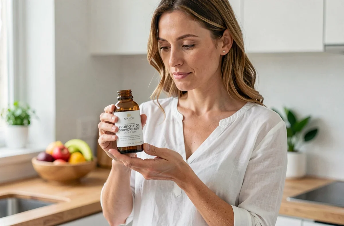 Femme tenant un flacon de complément postbiotique dans une cuisine moderne, illustrant les bienfaits des postbiotiques pour le microbiote intestinal