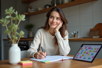 Femme concentrée prenant des notes avec aides memoire