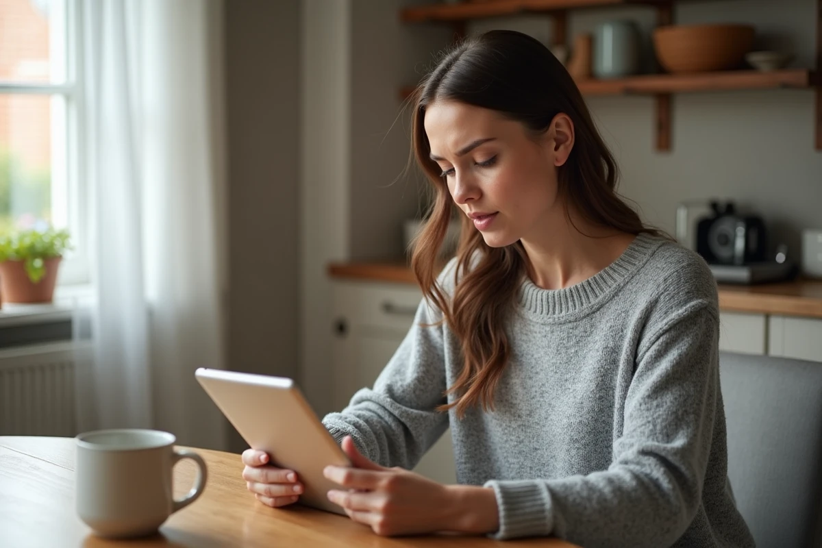 Femme consultant ses résultats d'analyse de sang sur une tablette à la maison avec une expression préoccupée