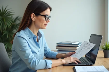 Femme consultant des documents de mutuelle et CPAM sur un ordinateur portable dans un bureau à domicile