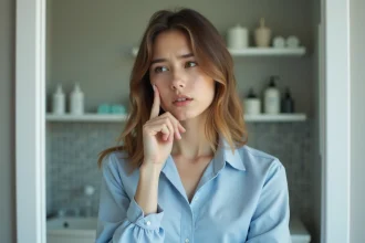 Jeune femme en blouse bleue se touche la joue dans une salle de bain