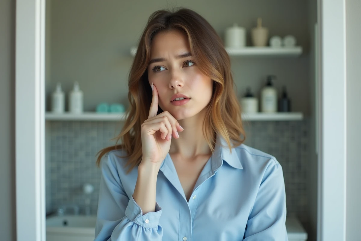 Jeune femme en blouse bleue se touche la joue dans une salle de bain