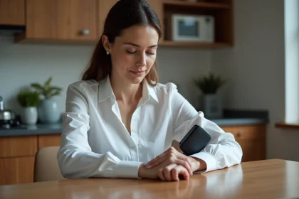 Femme d'&acirc;ge moyen v&eacute;rifiant sa tension &agrave; la maison