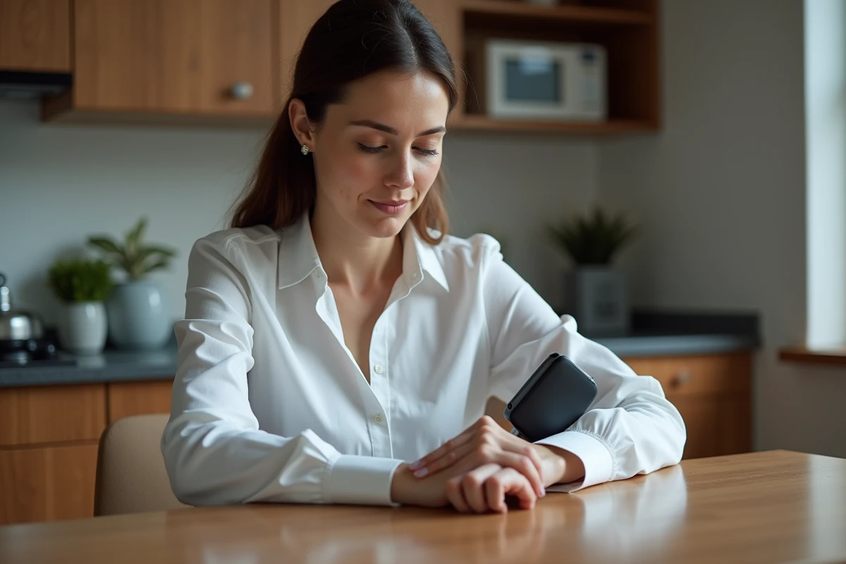 Femme d'âge moyen vérifiant sa tension à la maison