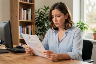 Femme consultant un courrier administratif de la CPAM à son bureau à domicile