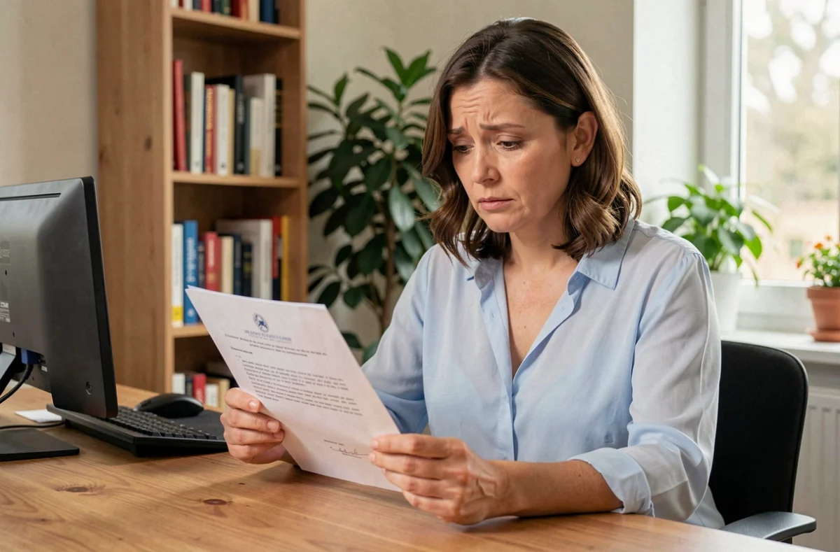 Femme consultant un courrier administratif de la CPAM à son bureau à domicile
