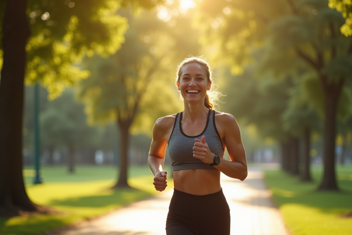 Femme souriante courant dans un parc ensoleille avec arbres verts