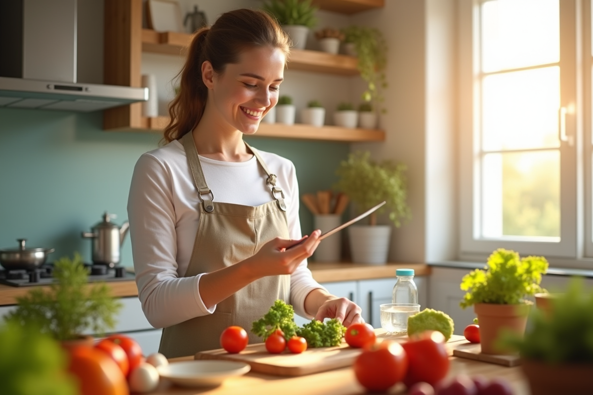 Jeune femme en cuisine préparant un repas sain avec légumes
