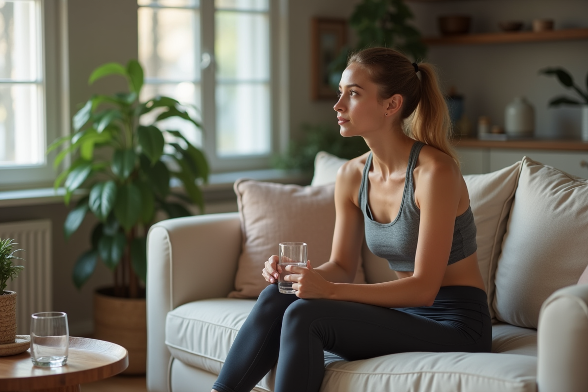 Femme assise sur un canapé avec un verre d'eau dans la main
