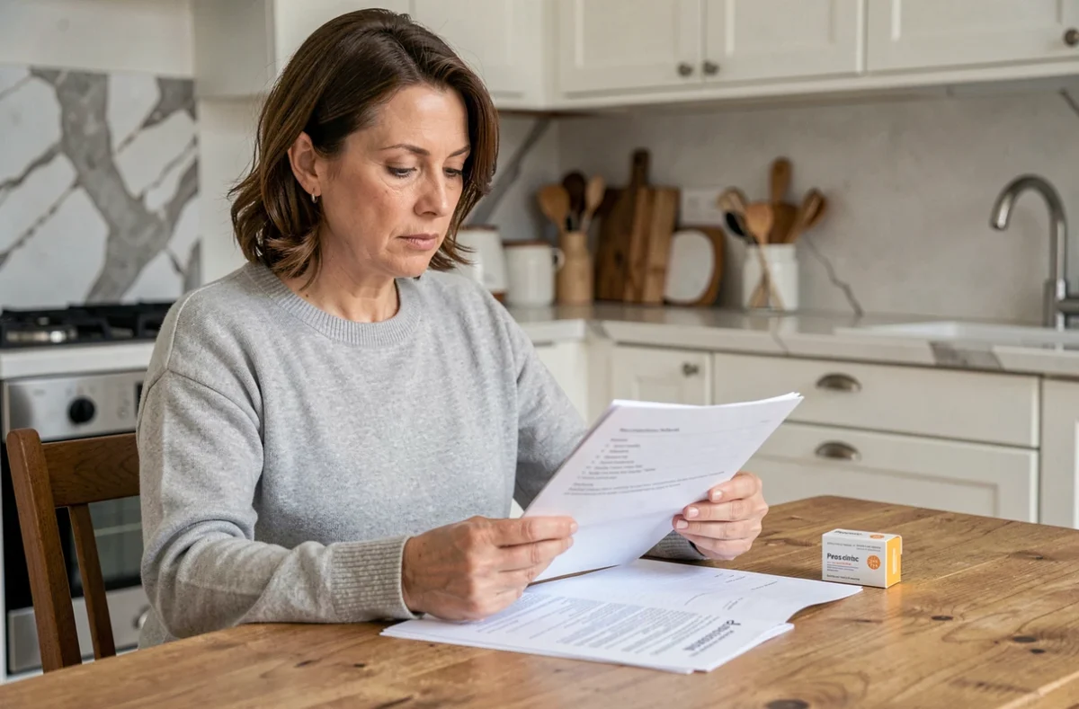 Femme consultant des documents médicaux et une boîte de médicaments GLP-1 pour la perte de poids à domicile
