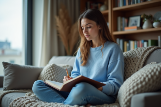 Femme en sweater bleu écrit dans un journal dans un salon cosy