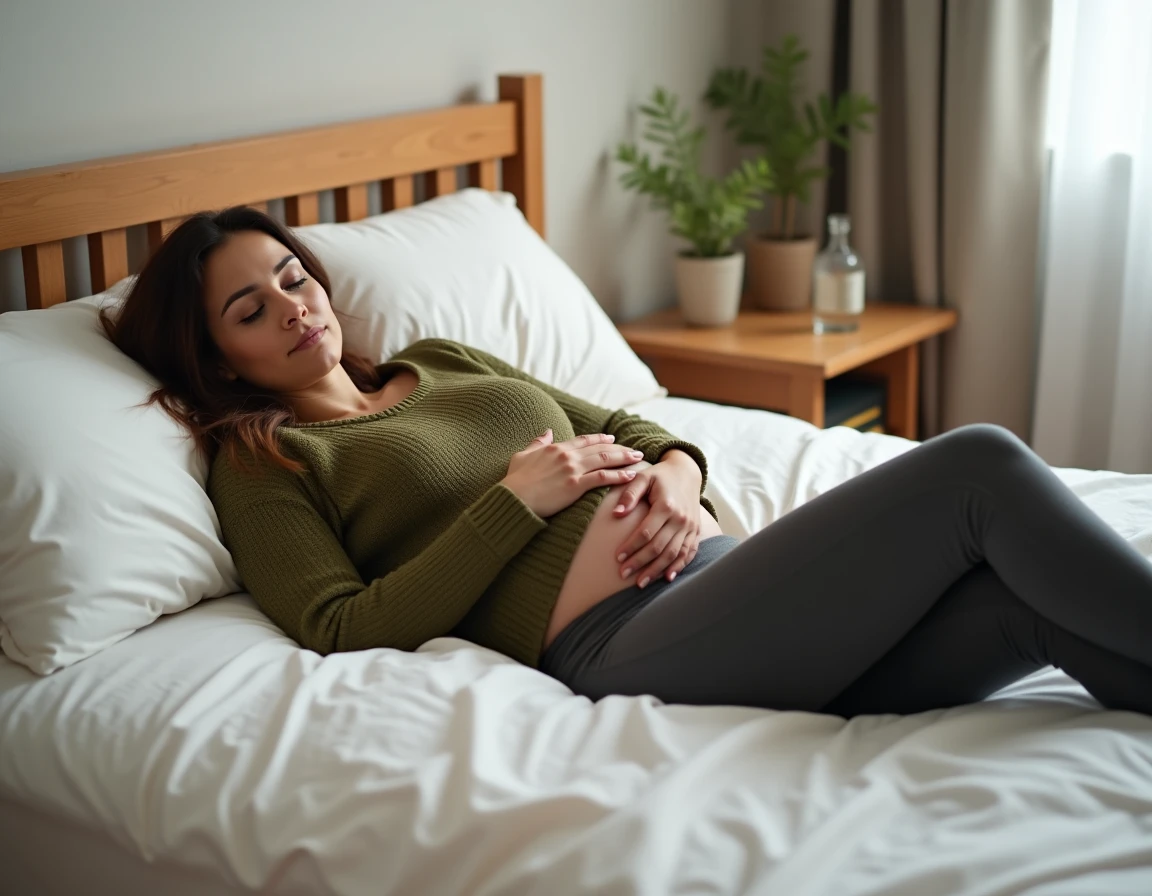 Femme enceinte allong&eacute;e sur le c&ocirc;t&eacute; gauche dans un lit, mains sur le ventre, position de repos recommand&eacute;e pendant la grossesse
