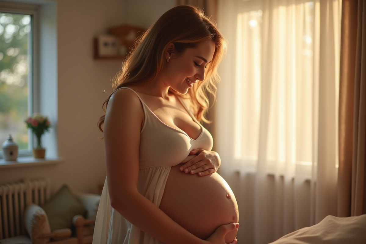 Femme enceinte souriante tenant son ventre dans un intérieur chaleureux