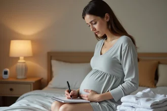 Femme enceinte au troisième trimestre notant ses observations dans un carnet à la maison avant d'appeler la maternité