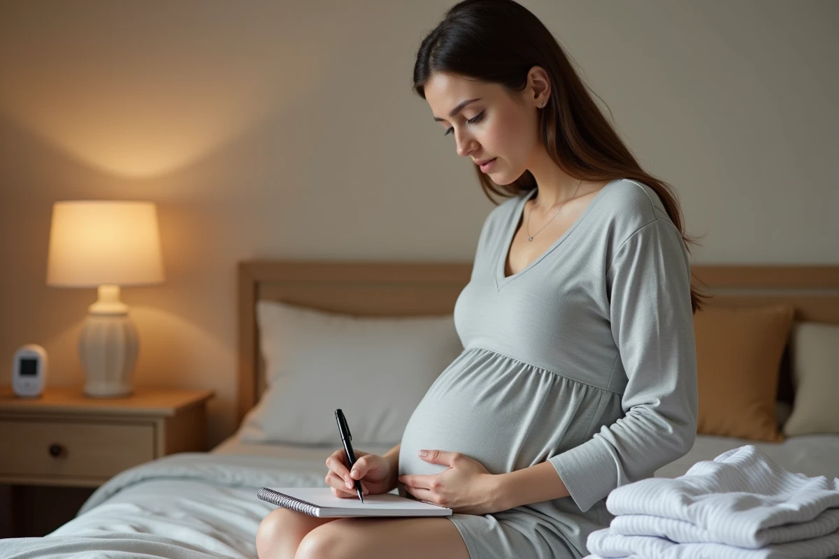 Femme enceinte au troisième trimestre notant ses observations dans un carnet à la maison avant d'appeler la maternité