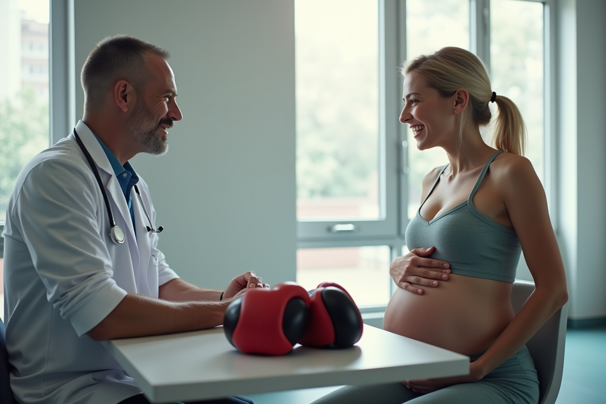 Femme enceinte parlant avec son médecin dans un cabinet lumineux